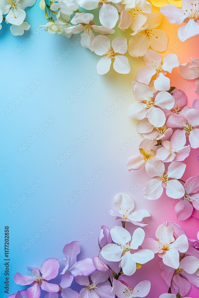 Fototapeta premium Rainbow gradient background adorned with vibrant spring floral frames, ideal for special greeting card designs. Flat lay, top view. Copy space.
