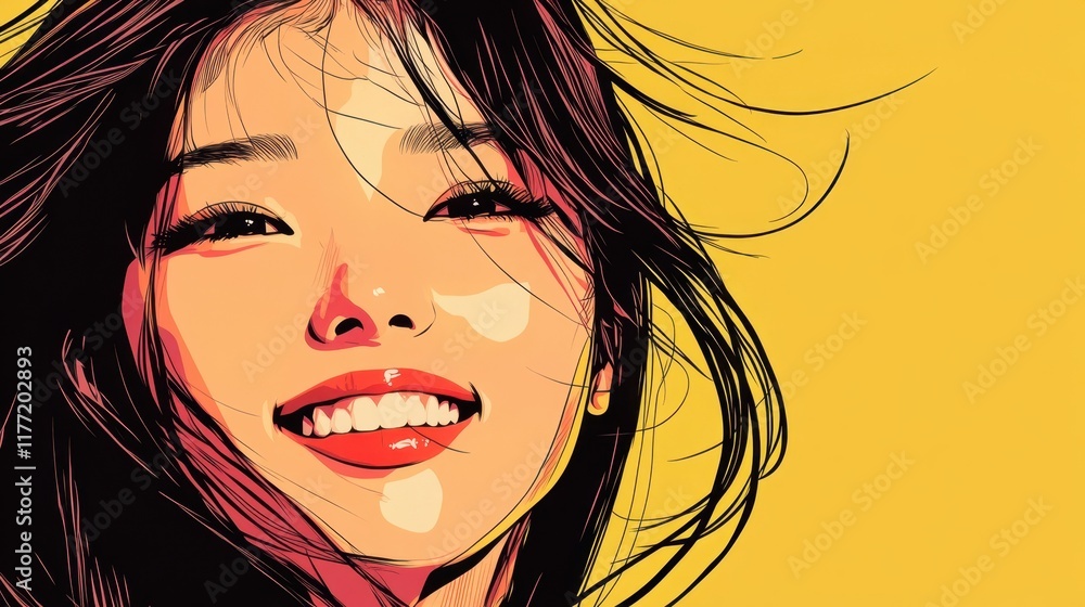 Vibrant Portrait of Happy Asian Woman in Pop Art Style. Fictional Character Created By Generative AI Vibrant Portrait of Happy Asian Woman in Pop Art Style. Fictional Character Created By Generative AI