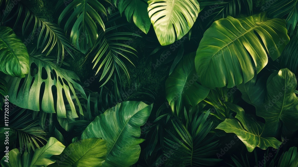 Abstract foliage botanical seamless background. Green wallpaper of monstera, palm, banana leaves, branches, tropical plants. Exotic plants in summer jungle for banner, prints, decor, wall art. Abstract foliage botanical seamless background. Green wallpaper of monstera, palm, banana leaves, branches, tropical plants. Exotic plants in summer jungle for banner, prints, decor, wall art.
