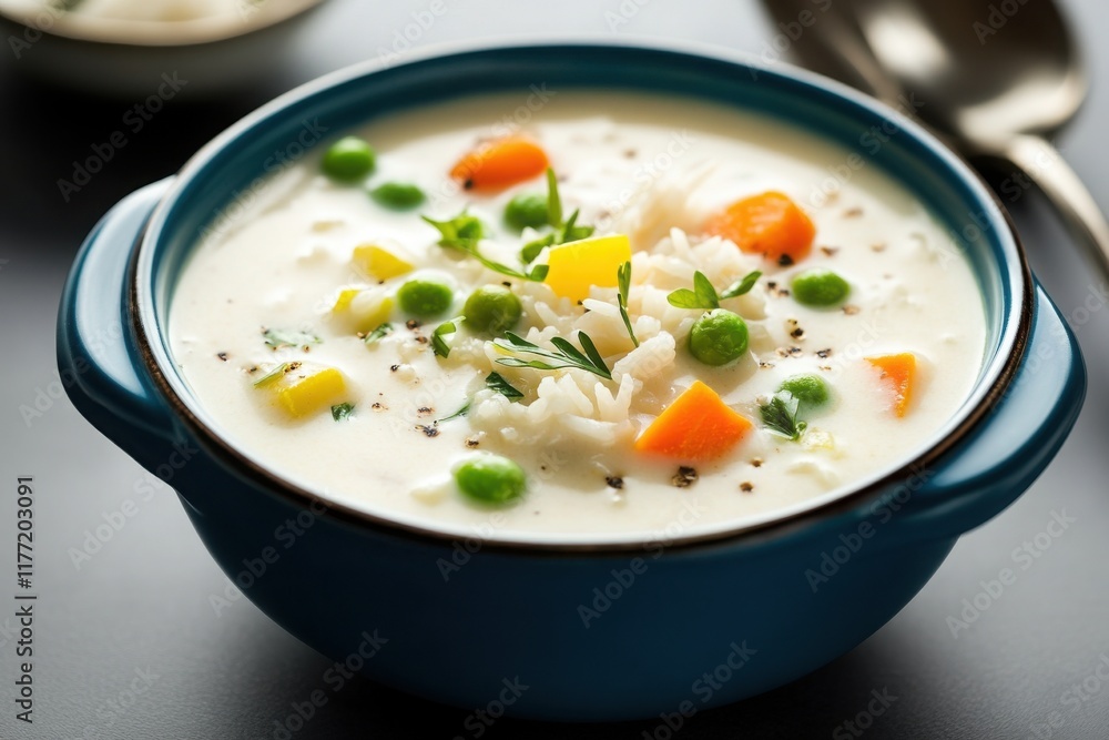 Creamy vegetable soup with rice served in a blue bowl, garnished with fresh herbs and colorful vegetables Creamy vegetable soup with rice served in a blue bowl, garnished with fresh herbs and colorful vegetables