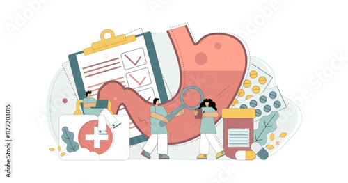 Concept stomach. Insurance medicine. Treatment, examination of the stomach. Doctors are looking for the cause of digestive problems. Vector illustration.eps