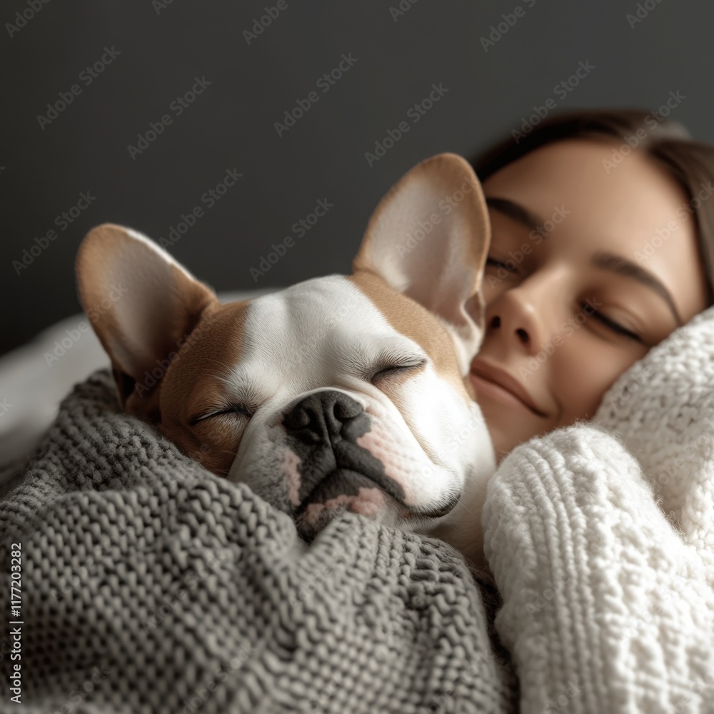 Cozy moment shared between a girl and her French bulldog wrapped in a blanket on a peaceful day Cozy moment shared between a girl and her French bulldog wrapped in a blanket on a peaceful day
