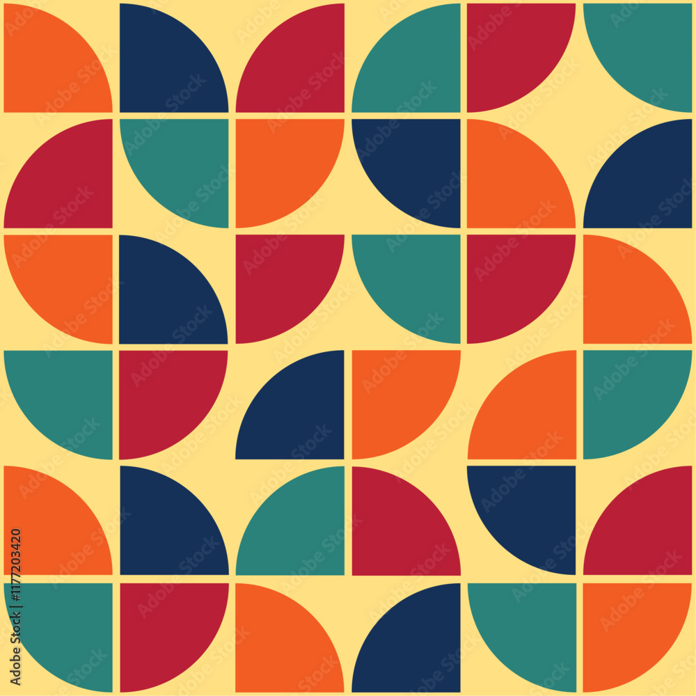 Patrón geométrico retro con formas semicirculares y colores vibrantes, diseño vintage inspirado en los años 70