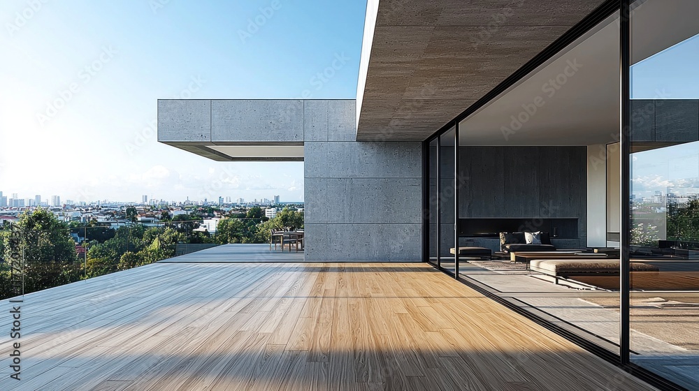 Modern concrete house with wooden deck overlooking city skyline at sunrise Modern concrete house with wooden deck overlooking city skyline at sunrise