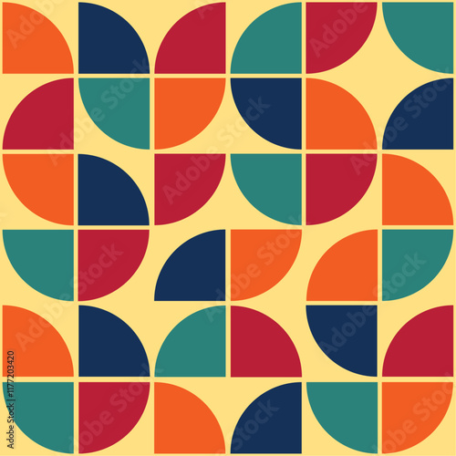Obraz na płótnie Patrón geométrico retro con formas semicirculares y colores vibrantes, diseño vintage inspirado en los años 70 w salonie