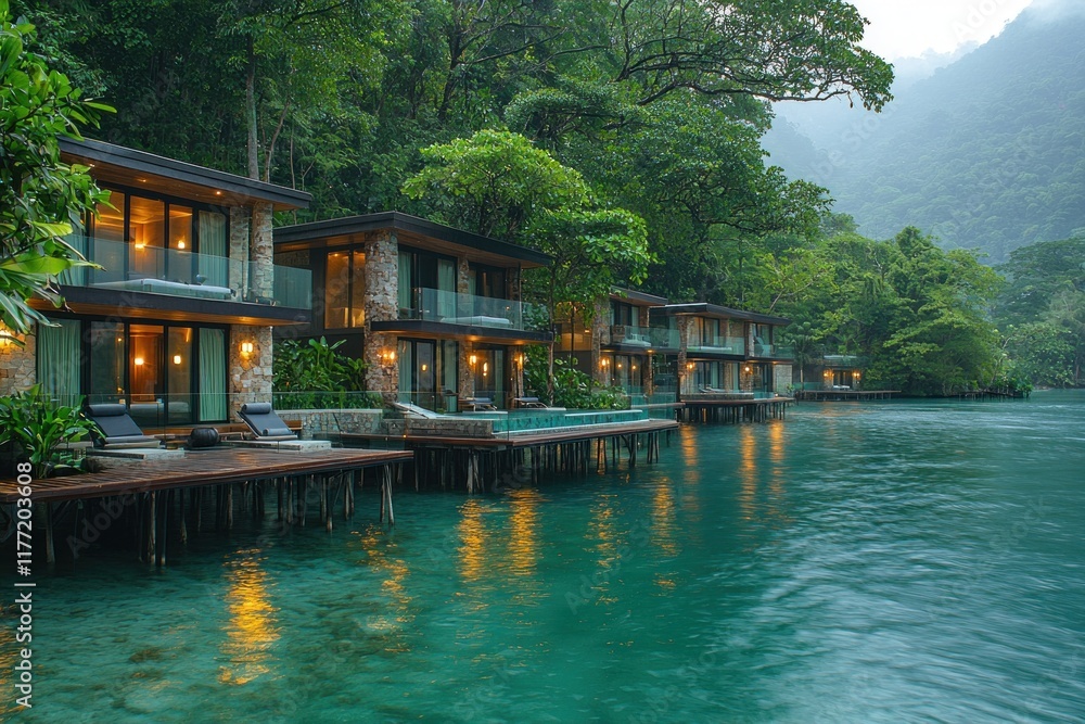 Naklejka premium Lakeside bungalows with evening lights, misty mountains, lush jungle, tranquil vacation