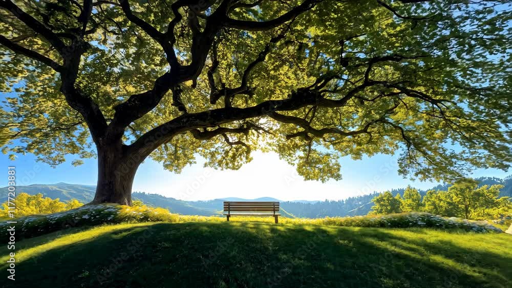 A wooden bench under a large, leafy tree overlooks a breathtaking mountain valley with a clear blue sky. A wooden bench under a large, leafy tree overlooks a breathtaking mountain valley with a clear blue sky.