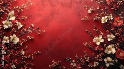 A muted red background with gold floral accents in the corners and a clean central area 