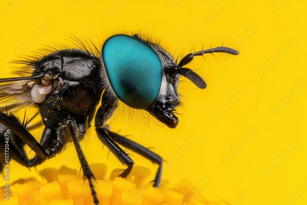 Macro of fly with vibrant blue eyes on yellow flower Macro of fly with vibrant blue eyes on yellow flower