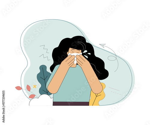 Girl sneezes. Woman has a cold. Manifestation of allergy. Runny nose. Vector illustration on a white background.eps