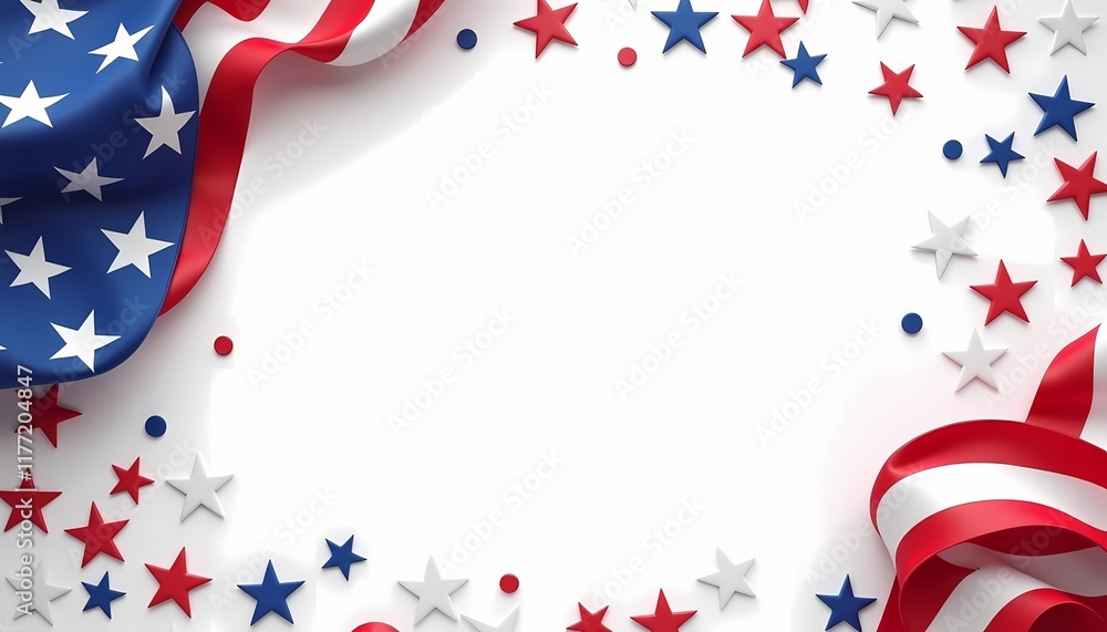 Obraz premium Blank frame with American flag, stars, and red ribbons.
