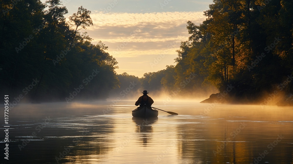 Solo canoeist paddling on a misty river at sunrise. Solo canoeist paddling on a misty river at sunrise.