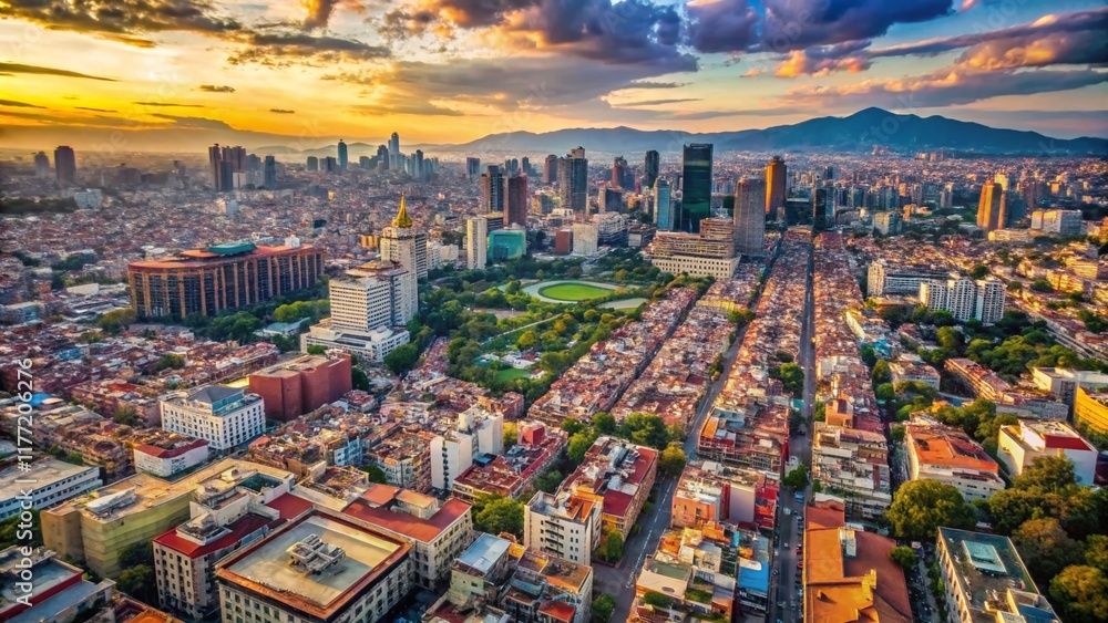 Obraz premium Aerial View of Mexico City: Urban Sprawl and Historic Center