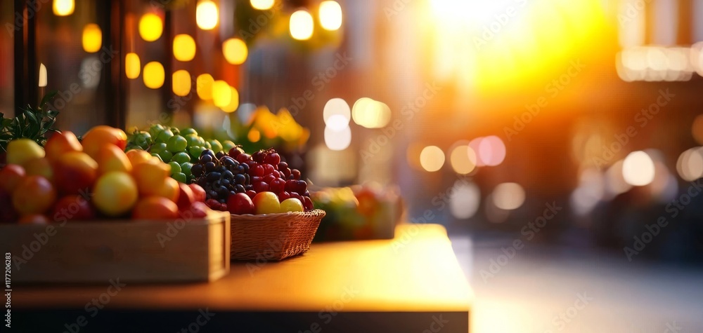 A vibrant display of fresh fruits in wooden baskets, illuminated by soft evening light, creating a warm and inviting market atmosphere. A vibrant display of fresh fruits in wooden baskets, illuminated by soft evening light, creating a warm and inviting market atmosphere.