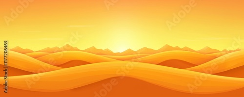 A serene desert landscape at sunset, featuring rolling sand dunes illuminated by warm orange and yellow hues. photo