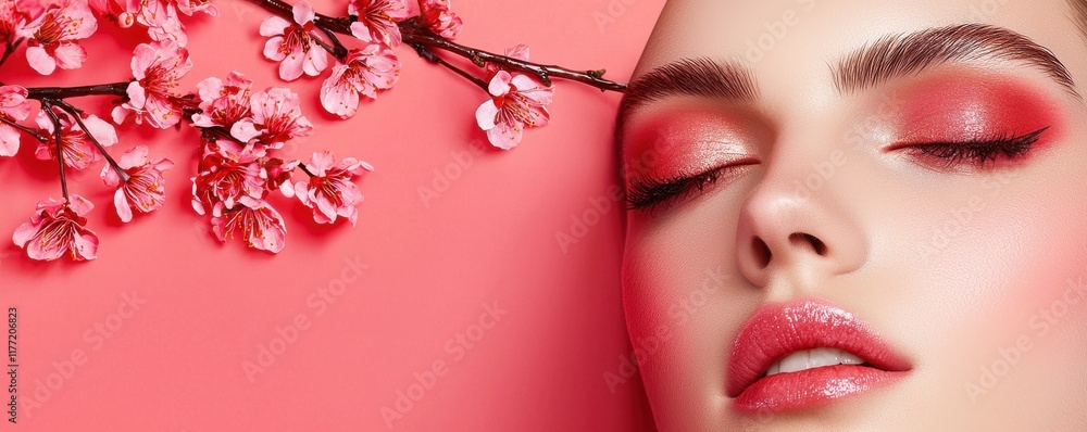 A serene beauty close-up featuring soft pink makeup and cherry blossoms against a vibrant coral background. A serene beauty close-up featuring soft pink makeup and cherry blossoms against a vibrant coral background.