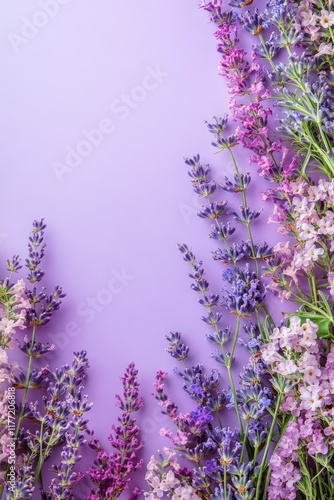 Soft lavender background bordered by vibrant spring blooms, ideal for Mother's Day cards. Flat lay.