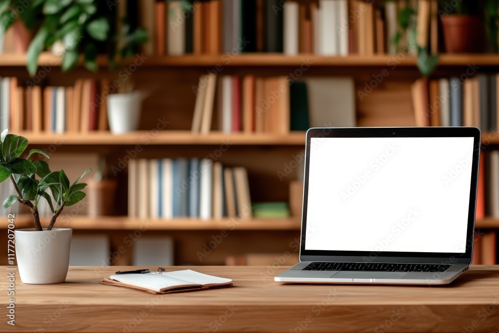 A laptop sits on a wooden table, accompanied by stationery and a vibrant plant, creating a harmonious atmosphere ideal for studying or working from home. A laptop sits on a wooden table, accompanied by stationery and a vibrant plant, creating a harmonious atmosphere ideal for studying or working from home.