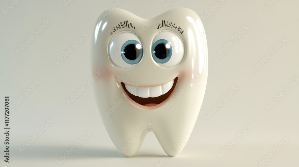 A cheerful cartoon tooth character with big eyes and a wide smile, standing confidently on a white background. A cheerful cartoon tooth character with big eyes and a wide smile, standing confidently on a white background.