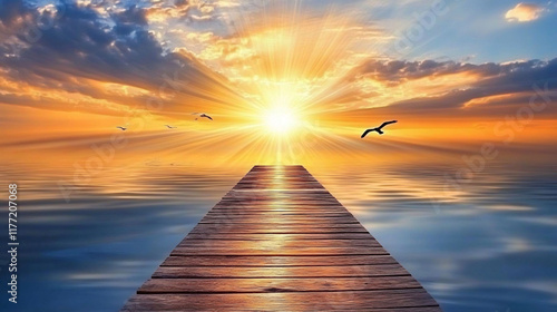 Serene wooden pier extending far into the calm turquoise sea at sunset with golden rays reflecting on the water distant clouds hovering on the horizon and seagulls flying overhead