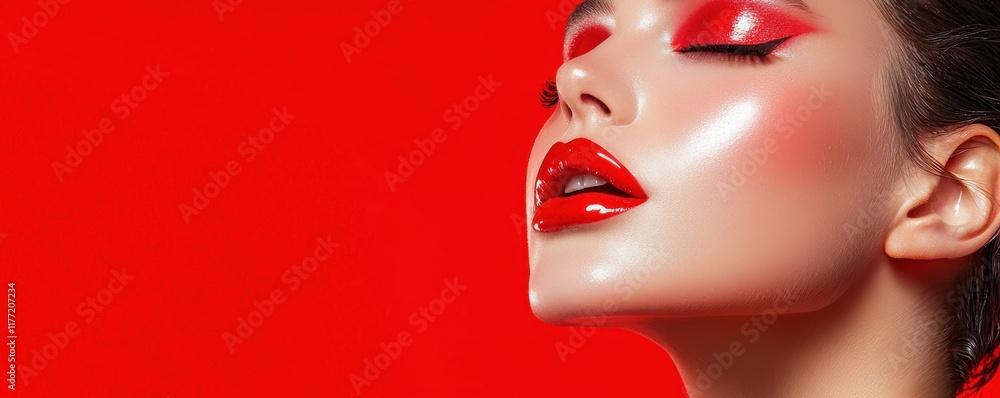 A close-up of a woman's face with bold red makeup, glossy lips, and a radiant complexion, set against a vibrant red background. A close-up of a woman's face with bold red makeup, glossy lips, and a radiant complexion, set against a vibrant red background.