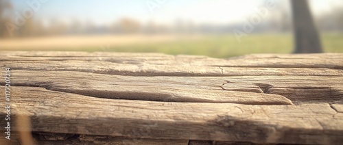 Rustic wooden planks background with blurred nature landscape.