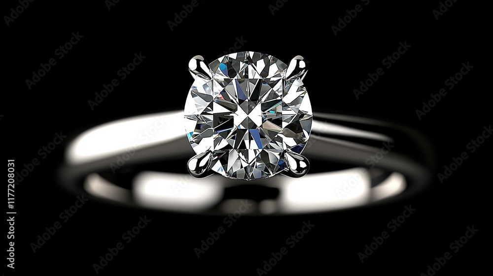 A photorealistic close-up of a platinum engagement ring with a round brilliant-cut diamond
A photorealistic close-up of a platinum engagement ring with a round brilliant-cut diamond