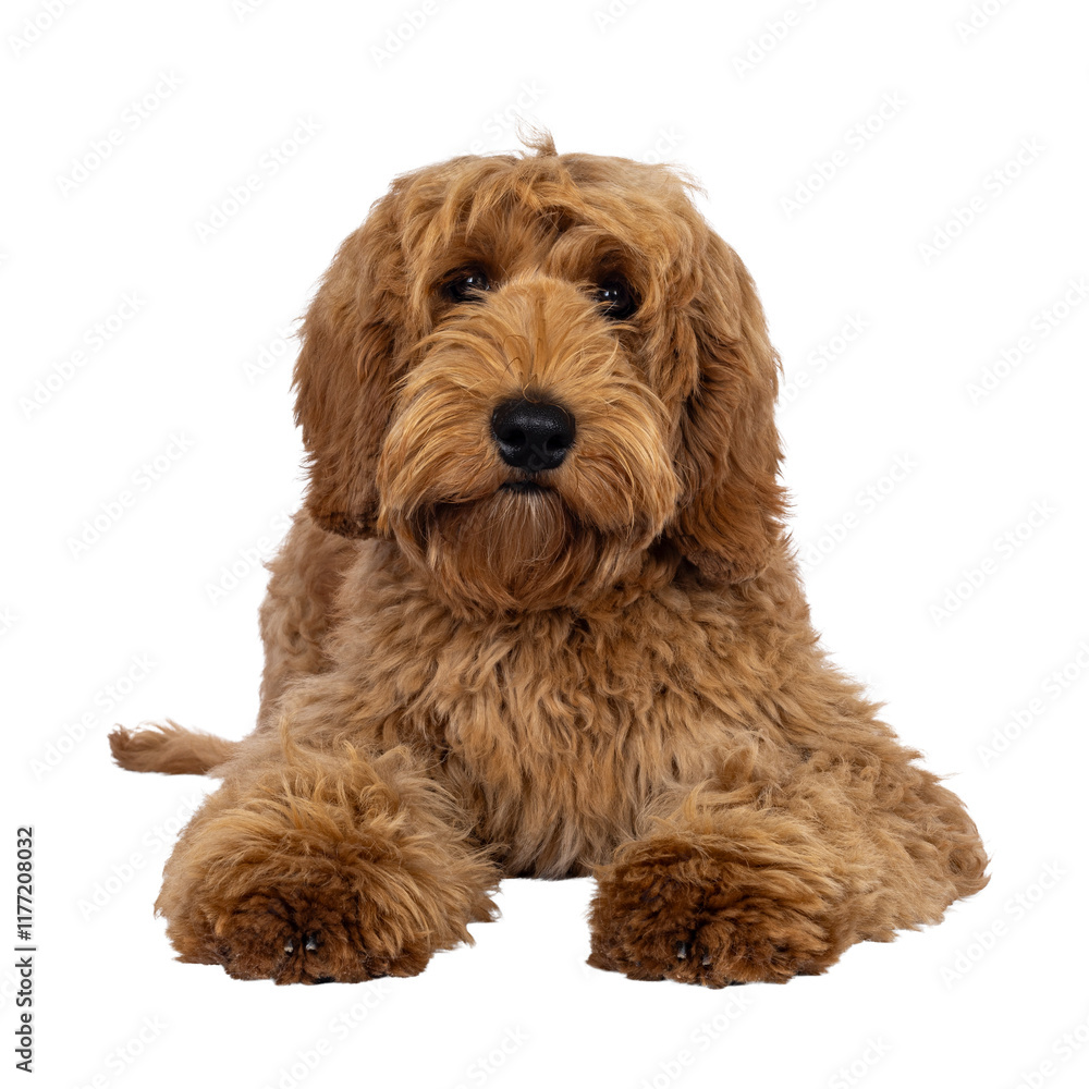 Fototapeta premium Adorable Labradoodle dog, laying down facing front. Looking towards camera. Isolated cutout on a transparent background.