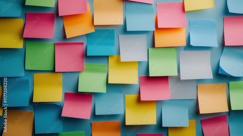 A vibrant collection of multicolored sticky notes arranged on a blue background, showcasing creativity and organization. A vibrant collection of multicolored sticky notes arranged on a blue background, showcasing creativity and organization.
