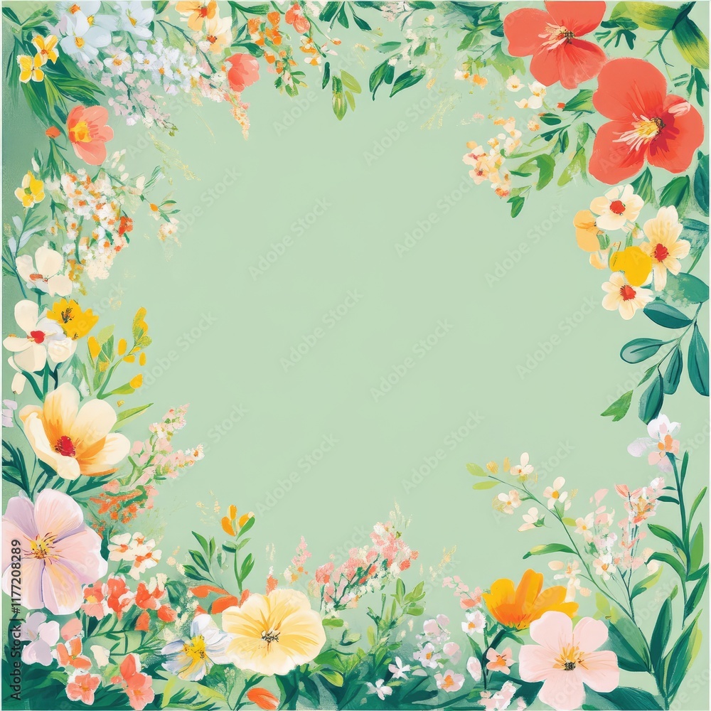 Fototapeta premium Soft pastel green canvas bordered with bright spring flowers, creating a cheerful design for special occasions. Flat