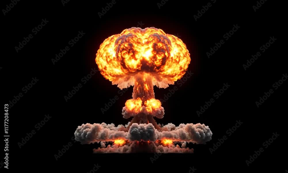 Realistic Nuclear atomic bomb explosion VFX with smoke, fire and mushroom cloud, isolated on black chroma key background overlay transparent alpha	