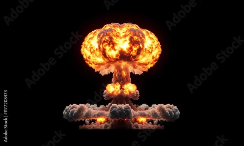 Realistic Nuclear atomic bomb explosion VFX with smoke, fire and mushroom cloud, isolated on black chroma key background overlay transparent alpha	