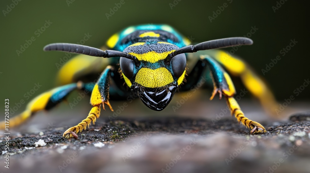 Close-up of colorful insect on log Close-up of colorful insect on log