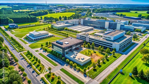 Aerial View of Pharmaceutical Company Campus, Modern Building Complex, Drone Shot