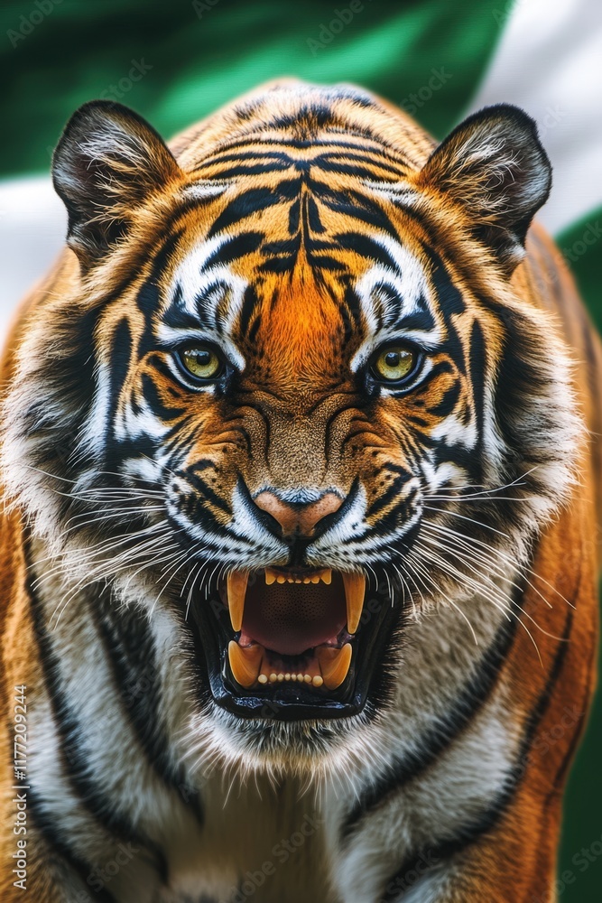 Obraz premium India National Tiger Roaring Portrait in Vibrant Background.