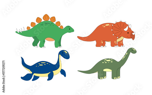 Set of cute cartoon dinosaurs diplodocus, plesiosaurus, triceratops, stegosaurus. Prehistoric animals for kids.eps