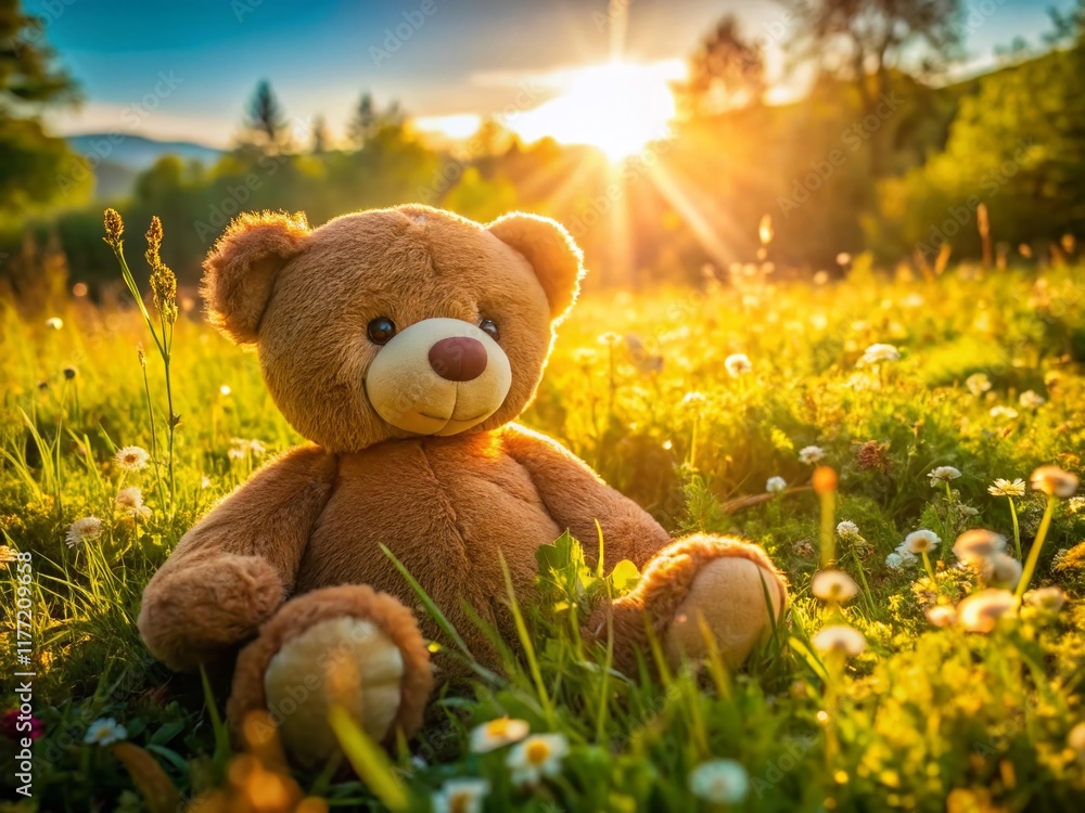 Fototapeta premium Aerial View of Plush Bear Toy in Sunny Meadow - Drone Photography