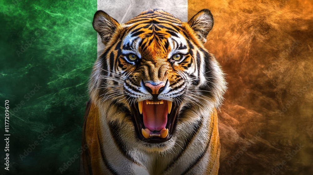 Fototapeta premium India National Tiger Roaring Portrait Against Tricolor Background.