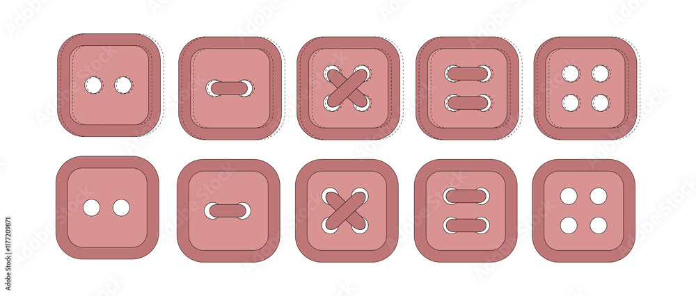 Set of pink square buttons. Button with two and four holes. Sewn buttons. Sewing decor, elements Set of pink square buttons. Button with two and four holes. Sewn buttons. Sewing decor, elements