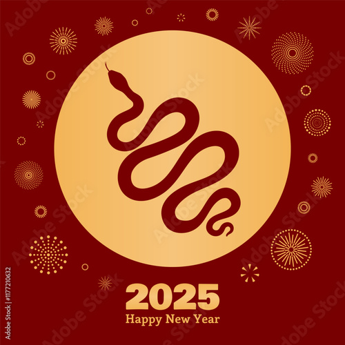 2025 Lunar New Year Chinese snake silhouette, fireworks, text Happy New Year, gold on red. Vector illustration. Flat Flat style design. Concept for holiday card, banner, poster, decor element