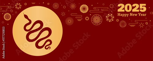 2025 Lunar New Year snake silhouette, fireworks, Chinese text Happy New Year, gold on red. Vector illustration. Flat Flat style design. Concept for holiday card, banner, poster, decor element