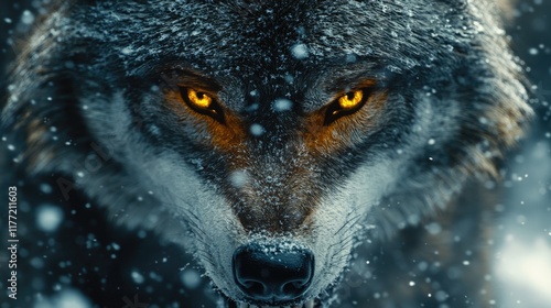 Majestic wolf with striking orange eyes stands in a snowy forest during winter