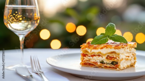 Fototapeta Naklejka Na Ścianę i Meble -  Delicious Lasagna with Fresh Basil and Wine Glass
