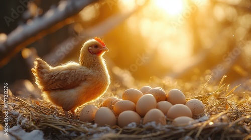 Hen guarding eggs in sunset winter nest