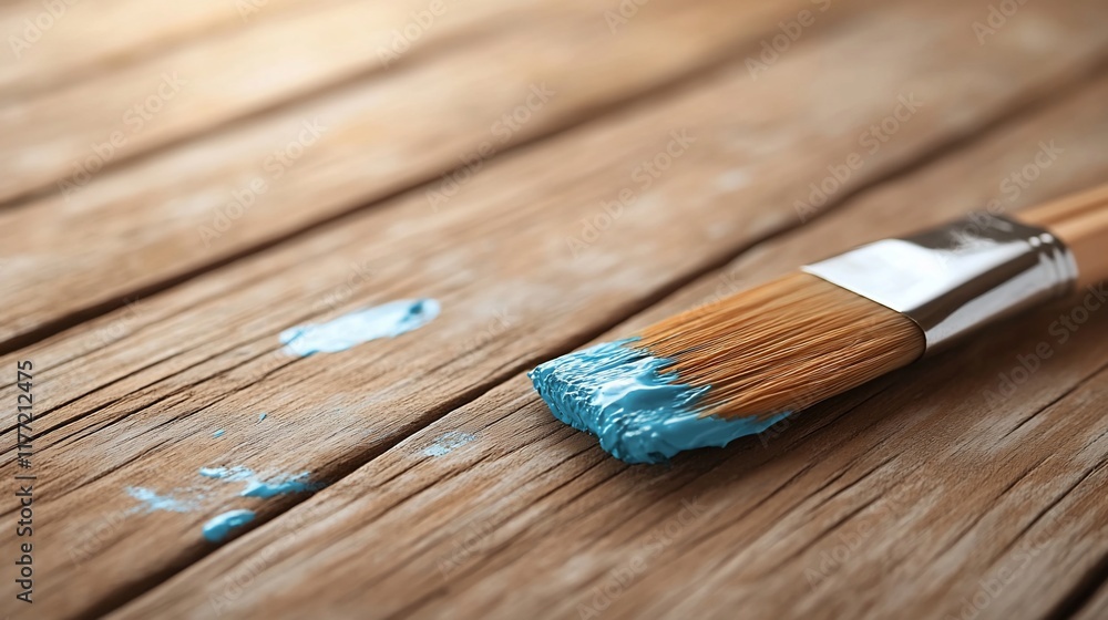 Fototapeta premium Paintbrush with blue paint on rustic wood.
