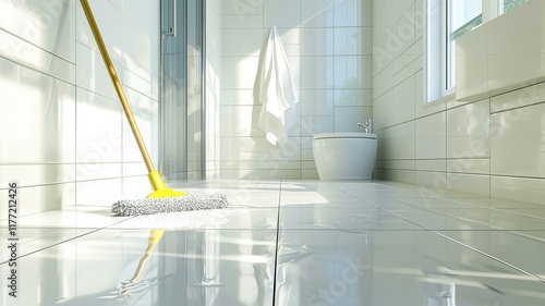 A photorealistic image of a pristine bathroom being cleaned with a mop, gleaming floors and tiles
