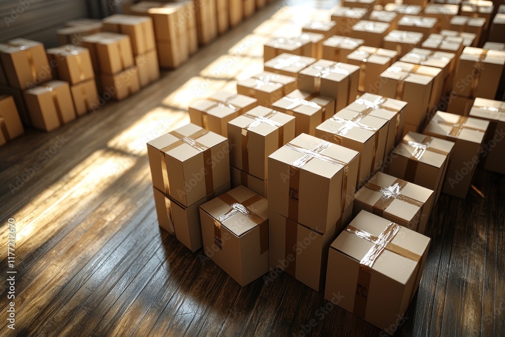 Cardboard boxes taped and stacked in a warehouse with sunlight streaming through a window Cardboard boxes taped and stacked in a warehouse with sunlight streaming through a window