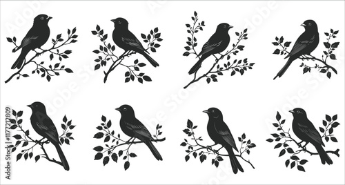 Abstract bird on a branch silhouettes, Wildlife bird silhouette vector, Set of bird on a branch silhouettes, Vector of birds sitting on branch silhouettes, Black and white bird silhouette on a branch