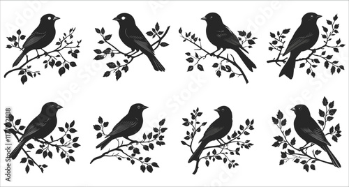 Abstract bird on a branch silhouettes, Wildlife bird silhouette vector, Set of bird on a branch silhouettes, Vector of birds sitting on branch silhouettes, Black and white bird silhouette on a branch