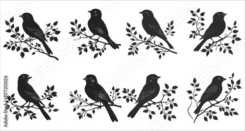 Abstract bird on a branch silhouettes, Wildlife bird silhouette vector, Set of bird on a branch silhouettes, Vector of birds sitting on branch silhouettes, Black and white bird silhouette on a branch